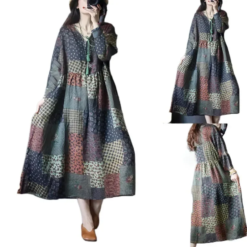 2024 Vintage Ethnic Style Cotton Linen Medium-Length Dress Women's Autumn Long Sleeve Loose-Fit Slimming Stylish