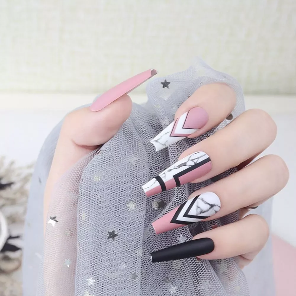 

French Ballerina Fake Nails Detachable Mixed Pink Black Marble Coffin Shaped False Nails Geometric Press On Nails