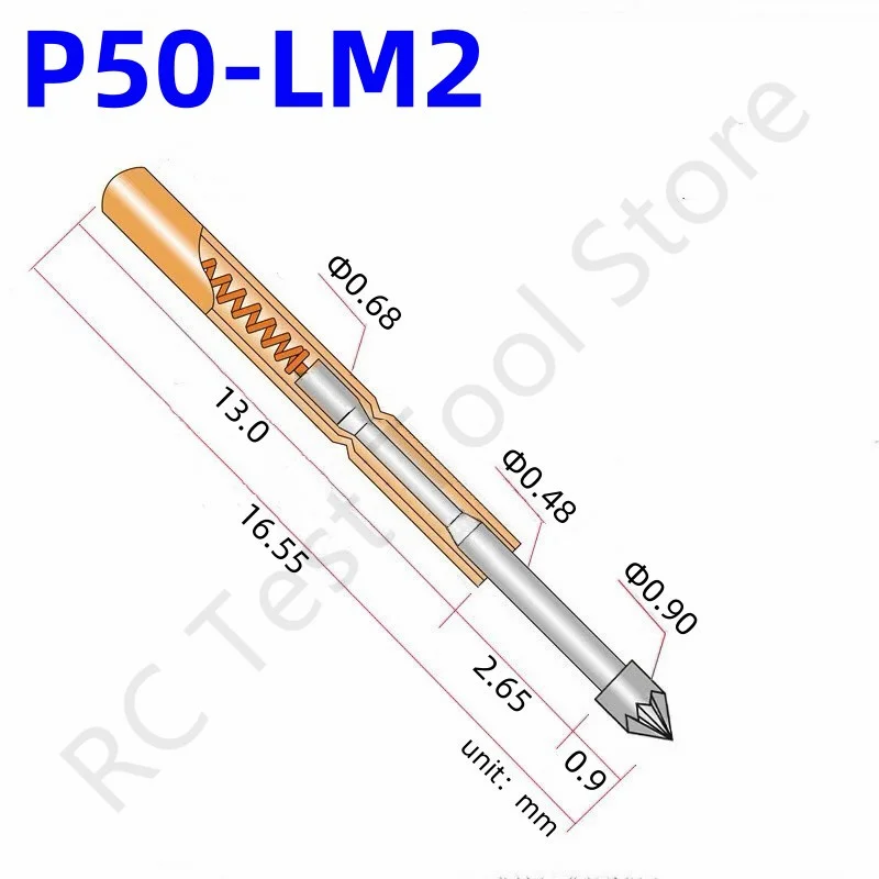 

20/100PCS Spring Test Probe P50-LM2 Test Pin Copper Nickel Plated Spring Test Pin Head Dia 0.90mm P50-LM Pogo Pin 0.68mm