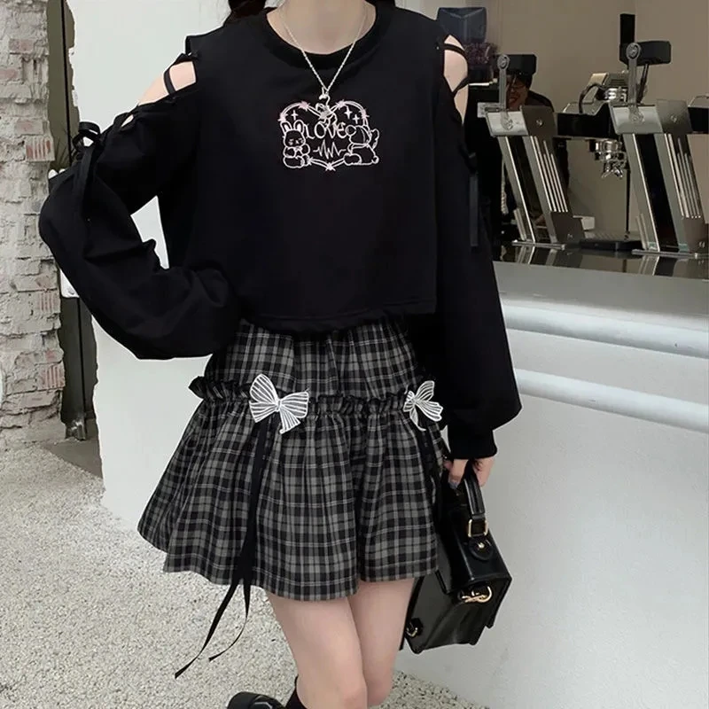 Two-Piece Suit Off-The-Shoulder Long-Sleeved T-Shirt Women'S Sweater Short Top + Plaid Skirt Jk Skirt Student Can Be Acquired images - 6
