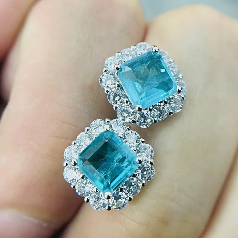 

925 Sterling Silver Paraiba Emerald Stud Earrings For Women Silver Square Tourmaline Gemstone Earring Ladies Engagement Jewelry