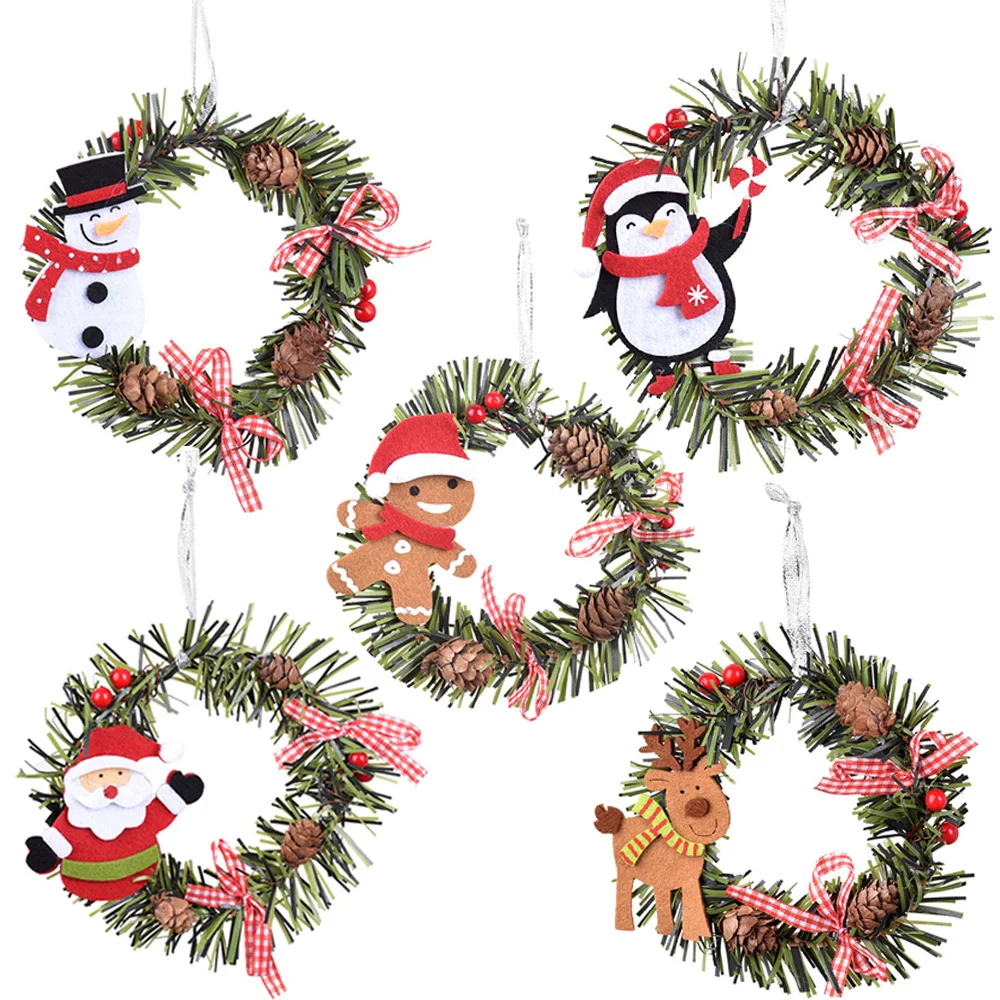 

Christmas Wreath Decor Pine Wreath Front Door with Snowman Santa Claus Elk Penguin Christmas Tree Pine Cone Pendant