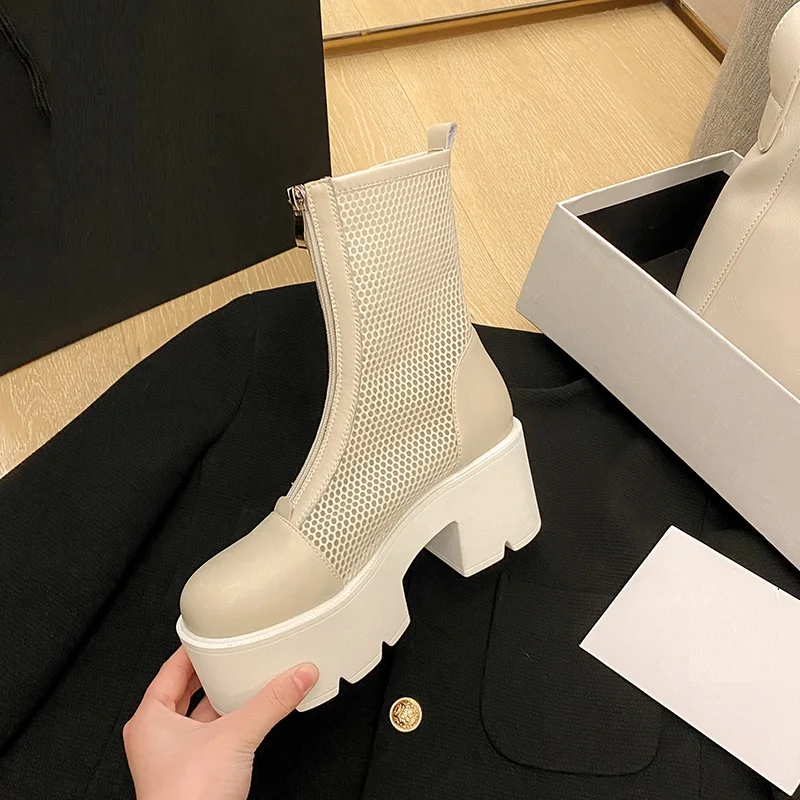 

Women's Summer Platform Boots Leather&Mesh Woman Shoes On High Heel 9CM Round Toe Spring Shoes Zippers Platforma Gladiator boots