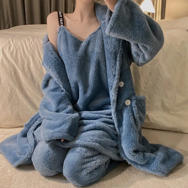 

3 Piece Pajamas Set Autumn Winter Thicken Warm Flannel Women Sleep Set Deep Robe Plush Sexy Homewear Women Pajama Trousers Suit