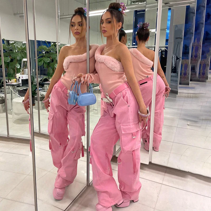 Custom Women's Fashion Y2k Cargo Sweat Pink Ribbon Overalls Jeans Hot Girls Street High Waist Straight Casual Pants Jeans