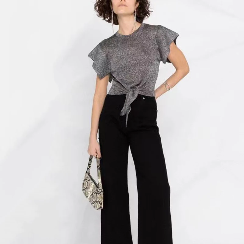 

Bright silk silver silk knitted T-shirt 2023 summer new round neck short sleeve open hem tie design solid color tops women's y2k