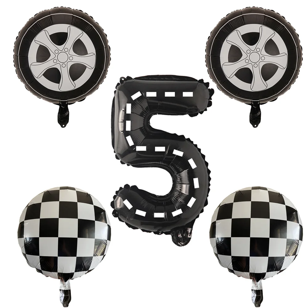 

5 Pcs/Set Race Car Birthday Party Balloon Number 1 2 3 4 5 6 7 8 Foil Ballon Black White Checkered Tire Balloon Decoration