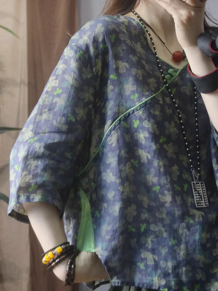 Chinese Sle Artistic Print Diagonal Buckle Ramie Short sleeve Pullover Top Women Loose Thin T-shirt Hanfu Shirt