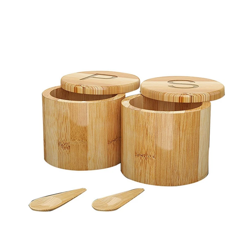 

Бамбуковый погреб для соли и перца, контейнеры для специй, поворотные крышки-2 коробки с ложками-гравировка S и P