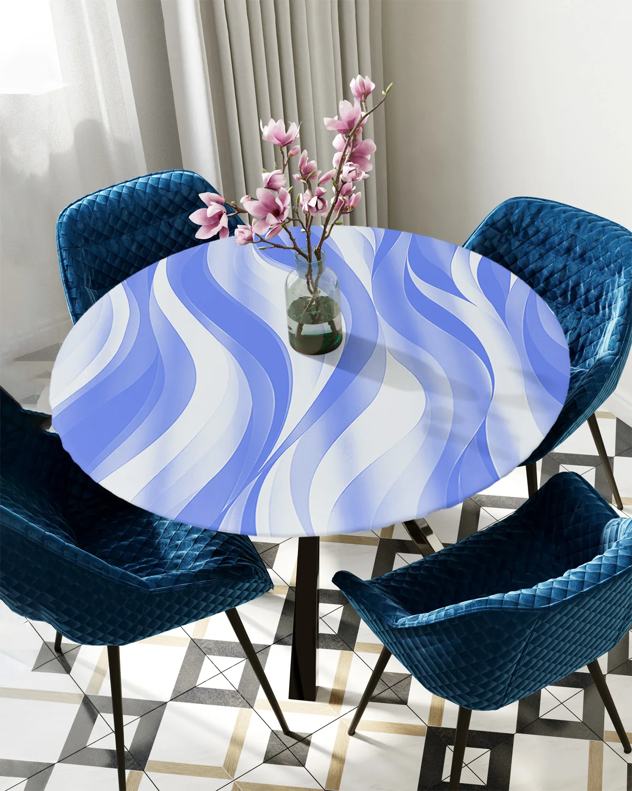 

Abstract Gradient Line Light Blue Round Tablecloth Waterproof Table Cover Home Decoration Dining Room Elastic Tablecloth