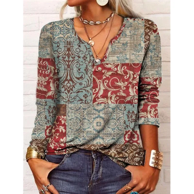 Повседневные свободные винтажные топы с v-образным вырезом и принтом женская