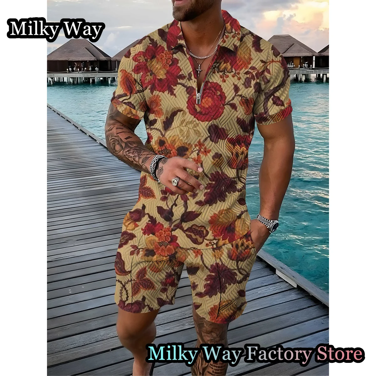New Summer Men's Vintage Polo Shirt Set 2 Pieces Floral Printing Tracksuit Male Trun Down Collar Outfit Casual Hawaii Clothing