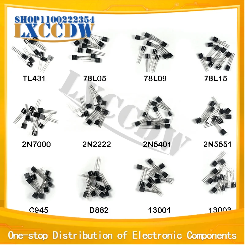 

10pcs*12value=120pcs Transistor kit TL431 78L05 78L09 78L15 2N7000 2N2222 2N5401 2N5551 C945 MJE13003 MJE13001 2SD882 TO92 TO-92