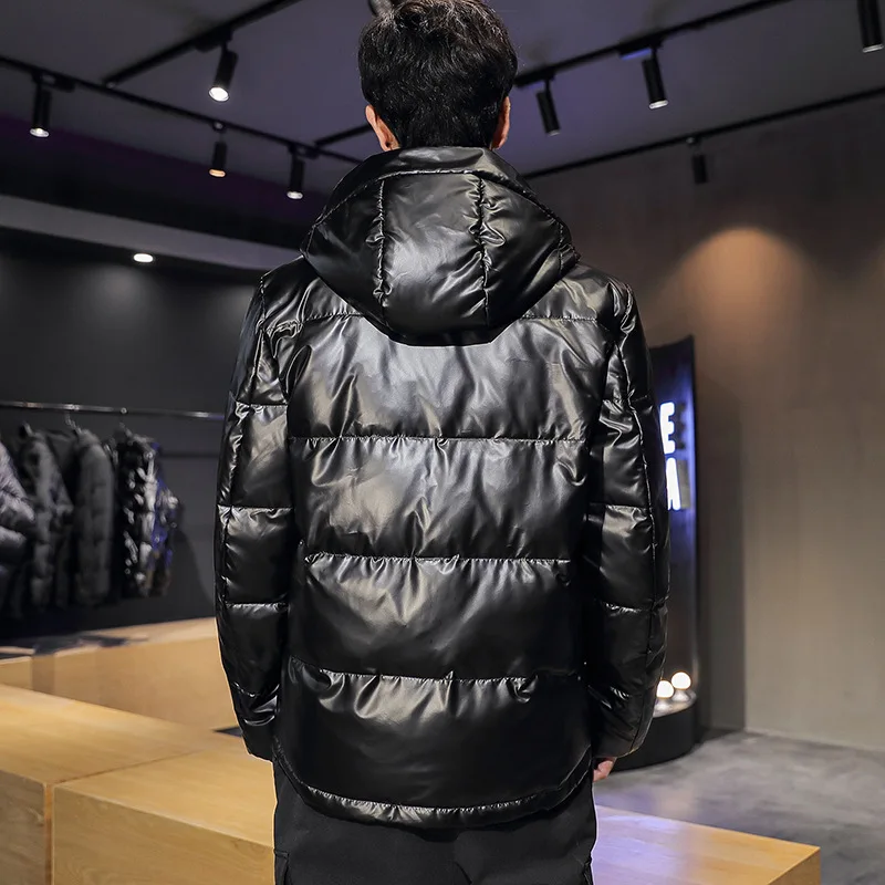 New Winter Shiny Leather jacket Men's Thick Warm Winter Jacket Casual Parka Waterproof Stand-up Collar Hooded Jacket Streetwear