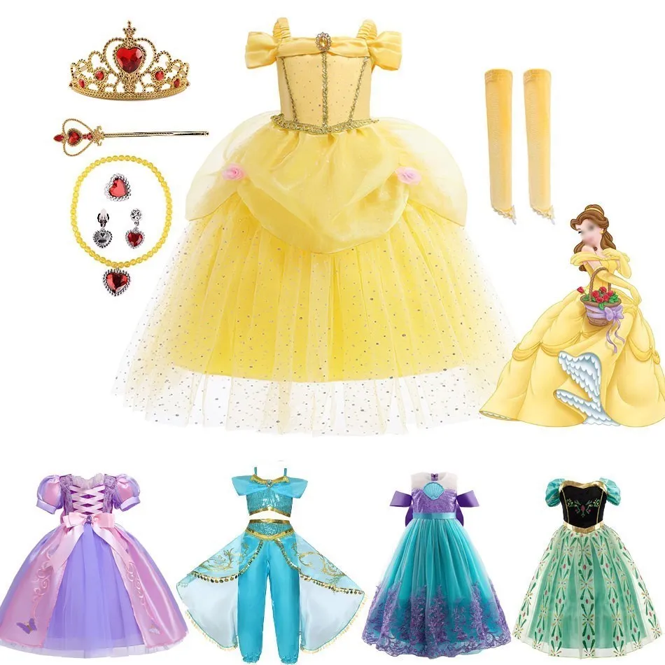 

Princess Dress For Girl Belle Halloween Party Wedding Gown Christmas Fancy Anna Rapunzel Elsa Jasmine Cosplay Costume Vestidos