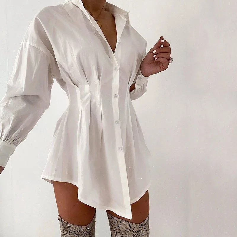 

2022 Summertime New Fashion Casual Women's Pure Color Sexy Shirt Lapel Stitching Button Long-Sleeved Dress Women's Clothing