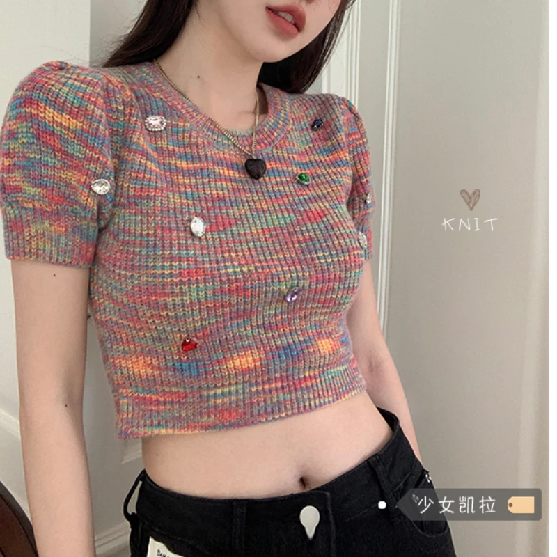

Y2k Tie-dye Knitted Sweater T-shirt Women's Spring 2022 New Retro Puff Sleeves Short Short-sleeved Chic Tops Summer