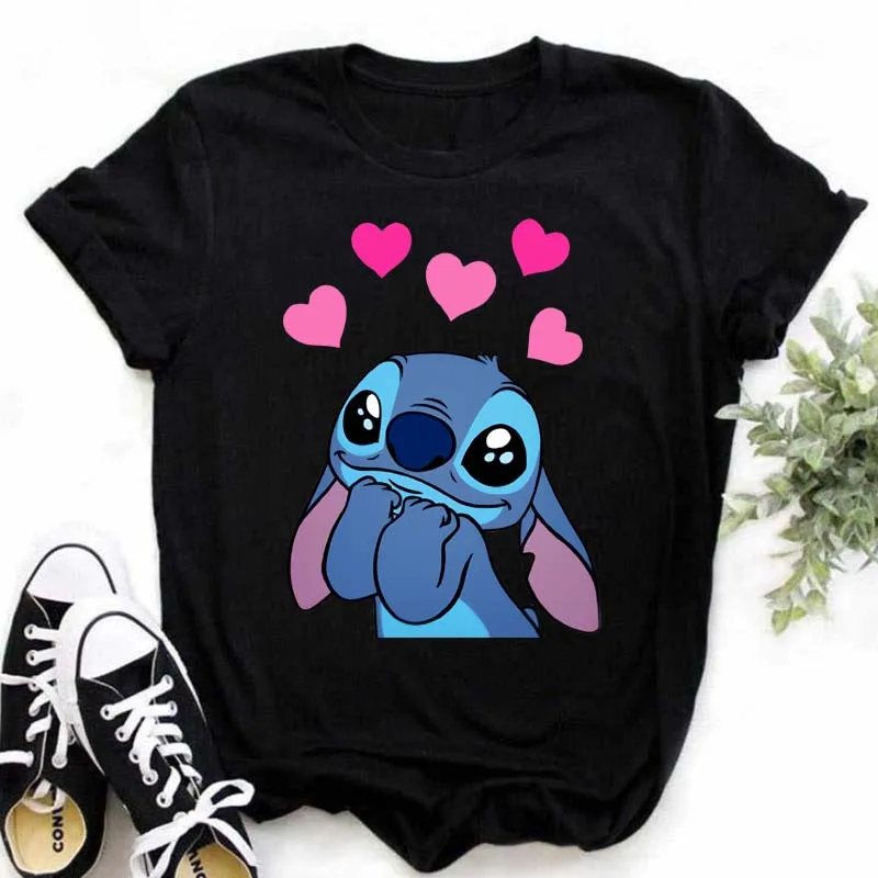 

Kawaii Disney Lilo Stitch T Shirt Women Summer Tops Cartoon Stitch Heart Graphic Tees Cute Disney Anime T-shirt Female Tshirt