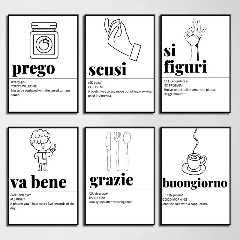 Картина на холсте с изображением итальянских слов для гостиной и офиса