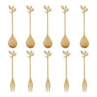 stainless steel 5spoon and 5forks leaf coffee cake spoon fork dessert spoons stirring teaspoon set kitchen accessories