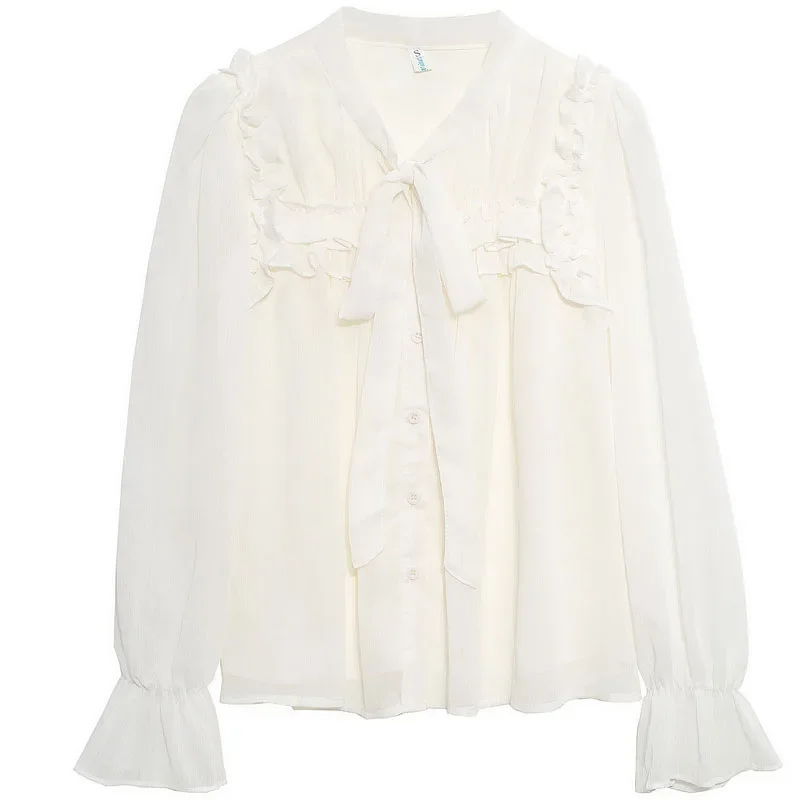 Женская шифоновая блузка с длинным рукавом V-образным вырезом