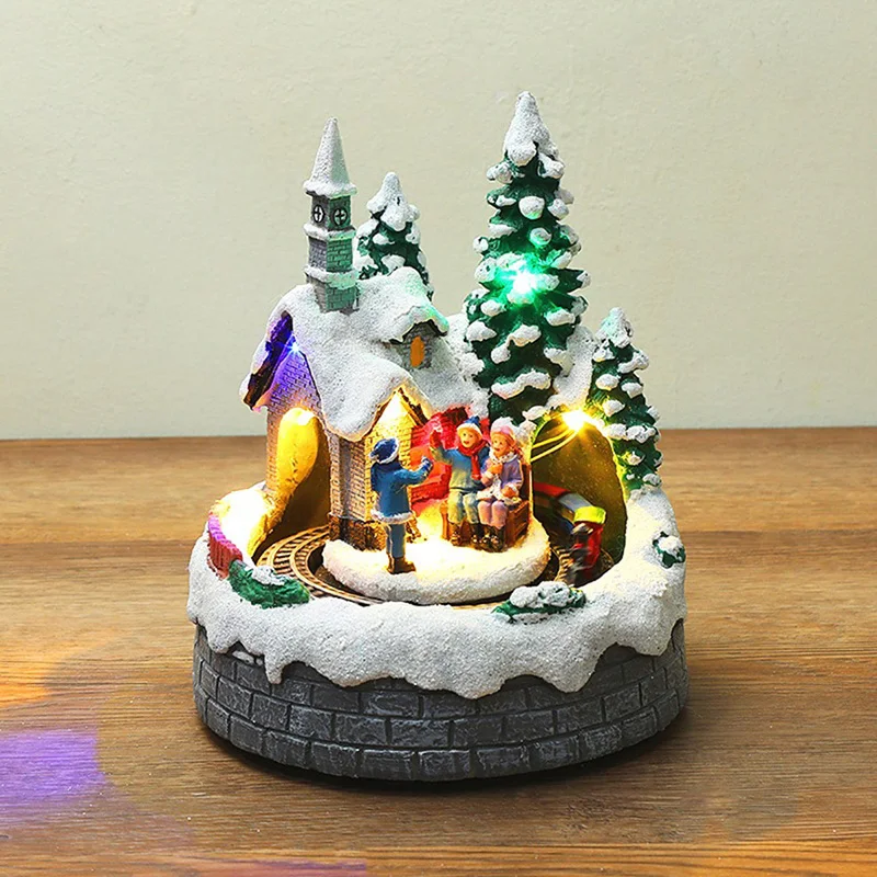 

Christmas Snow House Village Scene Resin Ornament with LED Light Spinning Train Musical Animated Lighted Festival House Decor