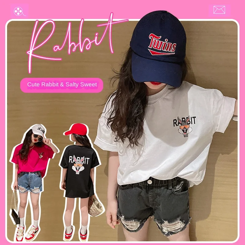 

Girls' cartoon rabbit printed short-sleeved T-shirt 2022 Korean version loose medium and long summer casual big boy top trend