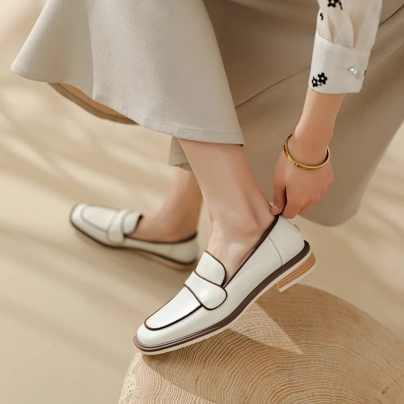 

2022 Spring/Autumn Women Loafers Genuine Leather Square Toe Chunky Heel Woman Shoes Casual Mixed Color Low Heel Pumps for Women