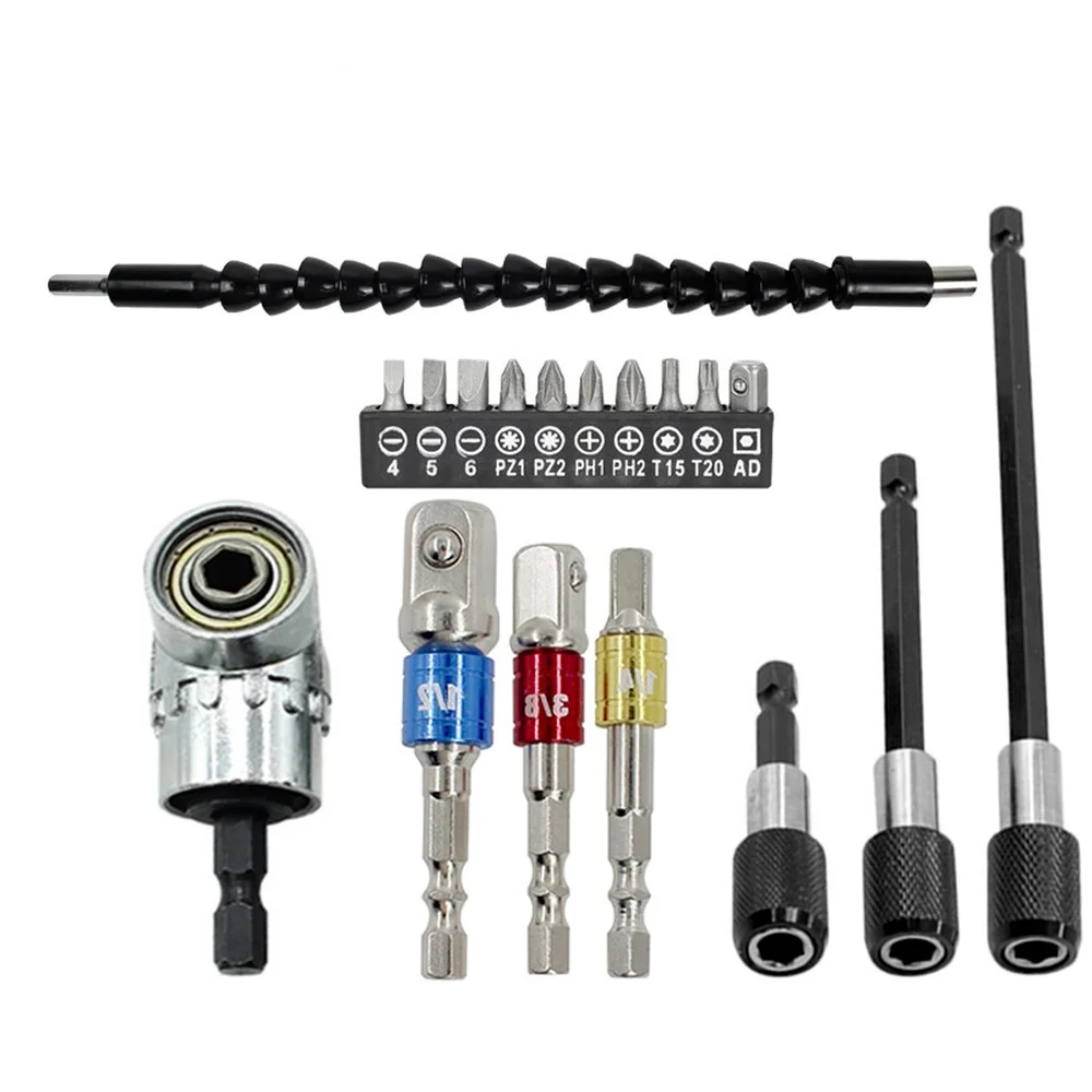 9pcs/set Power Tool Combination 290mm Hexagonal Handle Hose 105 Degree Short Turn Batch Electric Batch Head Extension Rod Suit