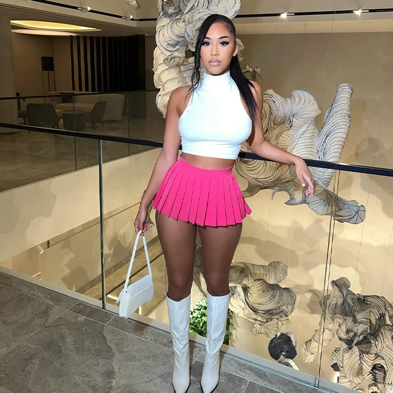 

Casual Summer Sexy 2 Piece Dress Sets Women Outfits White O-Neck Sleeveless Tight Crop Top And Solid Female Loose Pleated Skirt