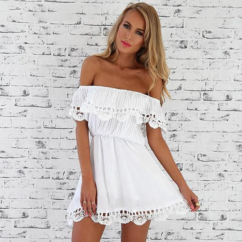 

Fashion Women Elegant Vintage Sweet Lace White Dress Stylish Sexy Slash Neck Casual Slim Beach Summer Sundress Female Vestidos