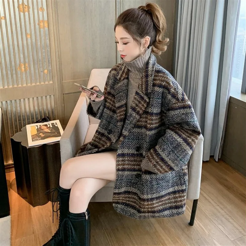

Women's Blazer Winter Korean Coat Women's Vintage Wool Loose Coat Women's Double-breasted Lapel Coat