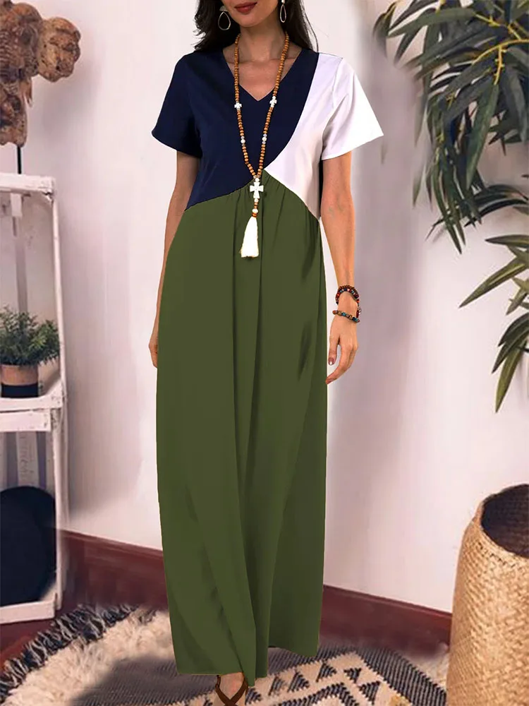 

2022 Spring Block Color Stitching Long Party Dress Women Sexy V Neck Bohemian Lady Dress Summer Short Sleeve Maxi Beach Dresses