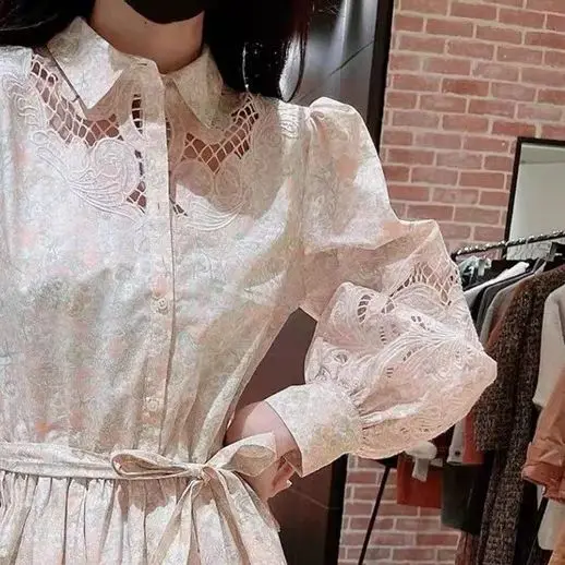 

Women's Knee Length Robe Printed Lace Up Hollow Out Shirt Dress Ruffle Edge Polo Collar Embroidery Butterfly Long Sleeve Sweet
