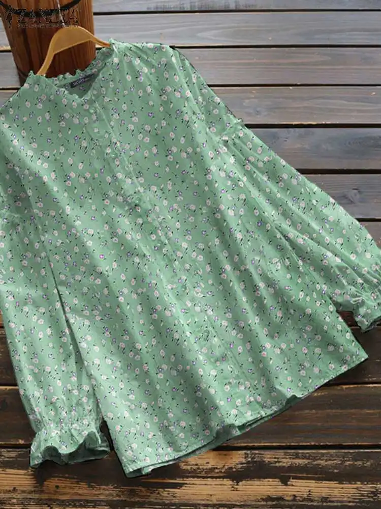 

Блузка ZANZEA Женская с длинным рукавом и круглым вырезом, стильная повседневная Свободная рубашка с цветочным принтом, Топ-туника оверсайз, в...