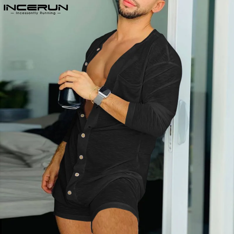 

Men Pajamas Rompers Solid Color omewear O Neck Lon Sleeve Button Jumpsuits Cozy Breatable Men Tin Playsuit Nitwear