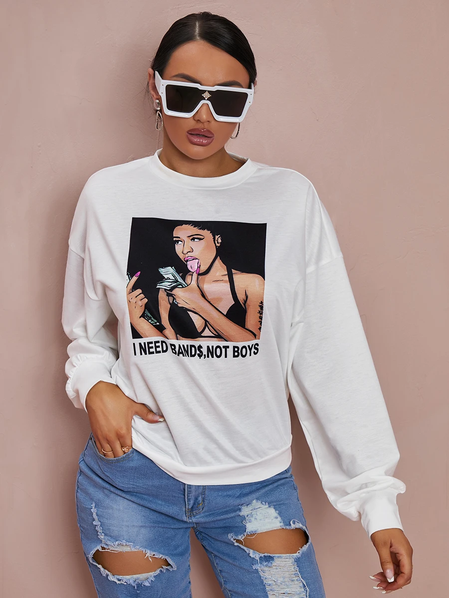 

LW Casual O Neck Letter Figure Print Sweatshirt Long Sleeve Loose Hoodie Y2k Autumn 2022 Women Clothings Street Pullovers