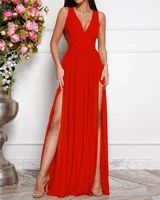 elegant red backless tie slit long dress women birthday party 2022 summer new sexy sleeveless v neck high waist slit dress