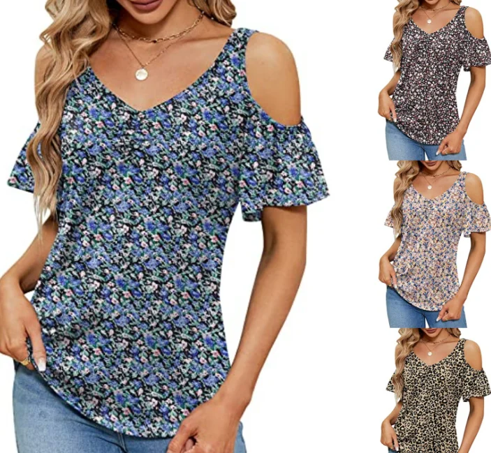 

Summer Off Shoulder Print V-Neck Short Sleeve Top T-shirt