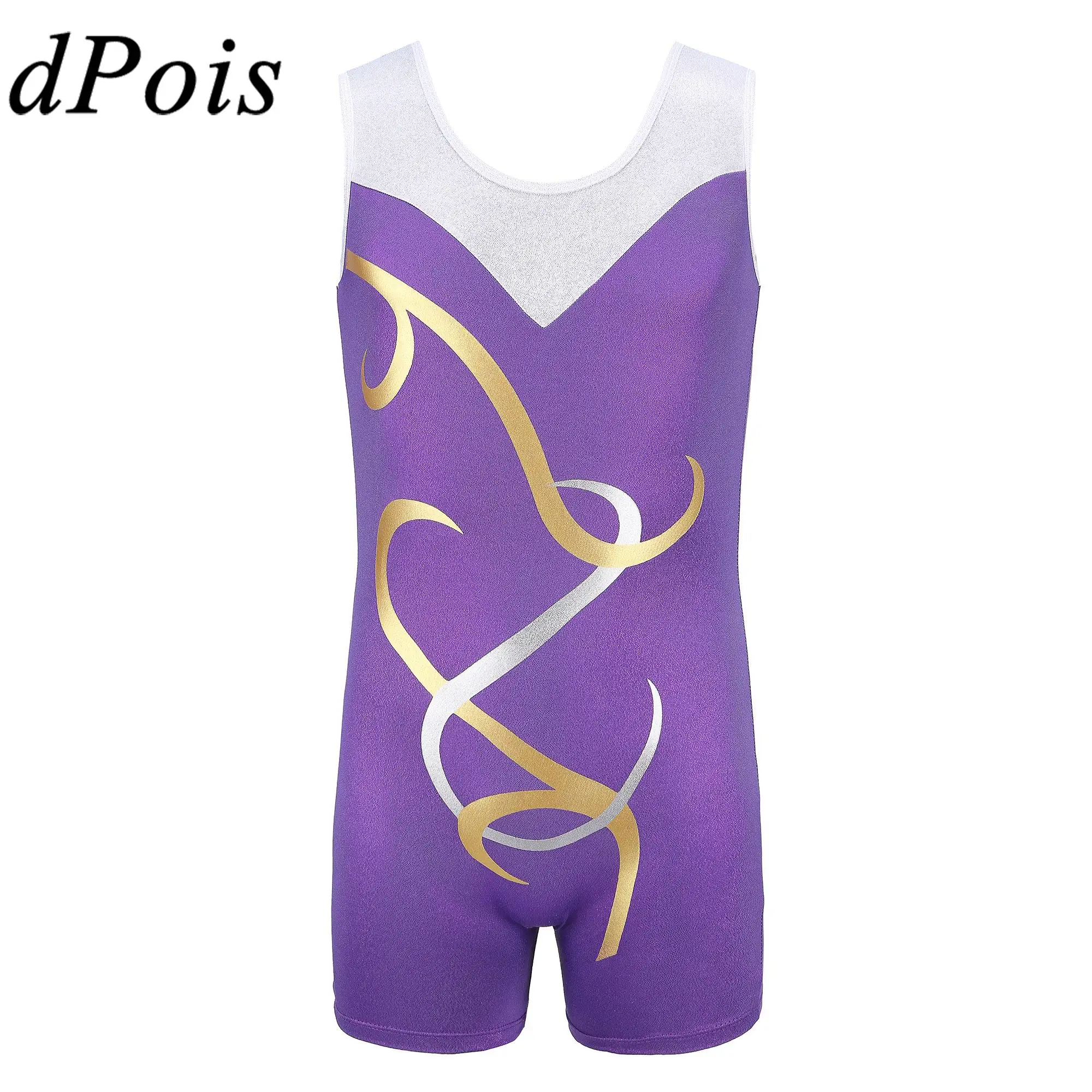 

Kids Girls Metallic Color Block Ballet Dance Unitard Sleeveless Bodysuit Gymnastics Leotard Child Skating Jumpsuit Stage Costume