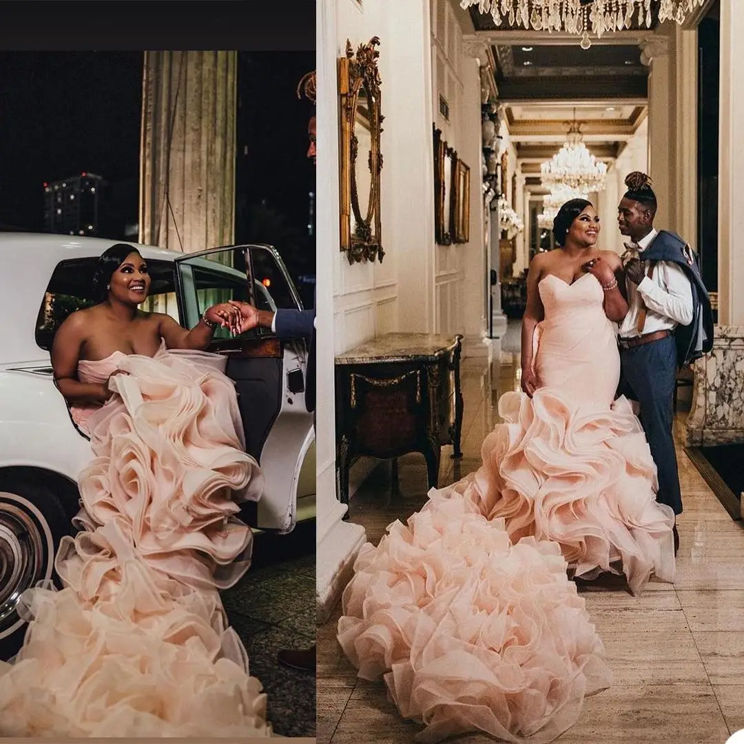 

Gorgeous Sweetheart Pink African Mermaid Wedding Dresses Vestido De Casamento Organza Cascading Ruffles Bridal Gowns