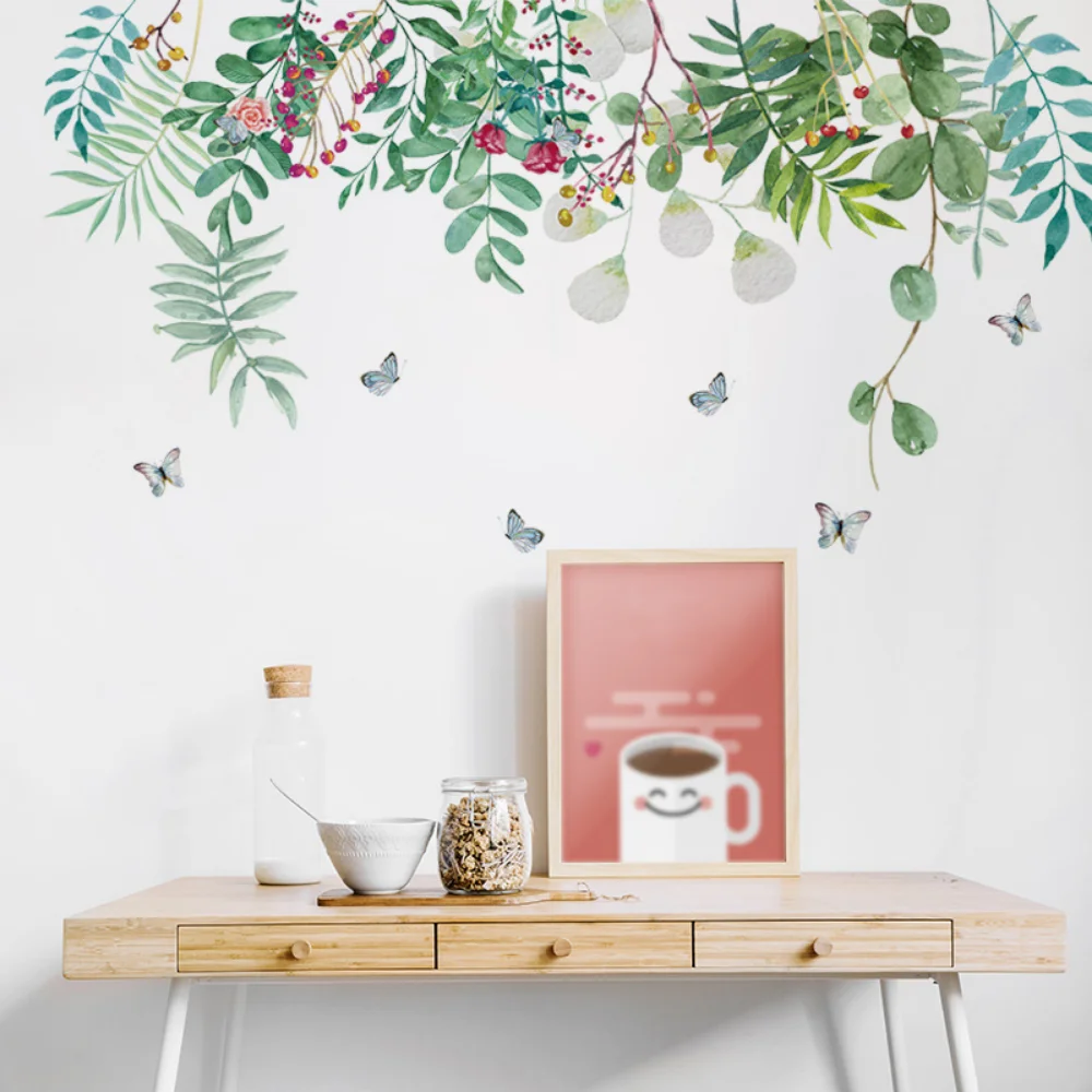 

Flower Leaf Butterfly Art Decals Green Plant Wall Stickers Living Room Decoration Waterproof Mural Home Decor Stickers Bedroom