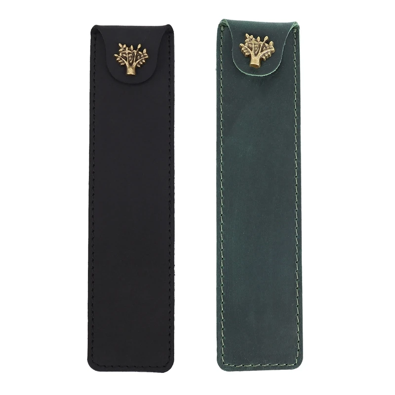 

2X Leather Pen Pouch Holder Single Pencil Bag With Snap Button For Rollerball Fountain Ballpoint Pen-Black & Green