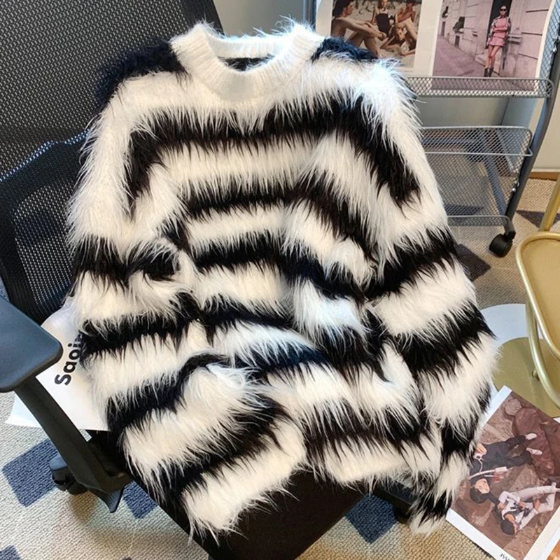 Женский пуловер в черно-белую полоску вязаный теплый топ осенне-зимнее пальто