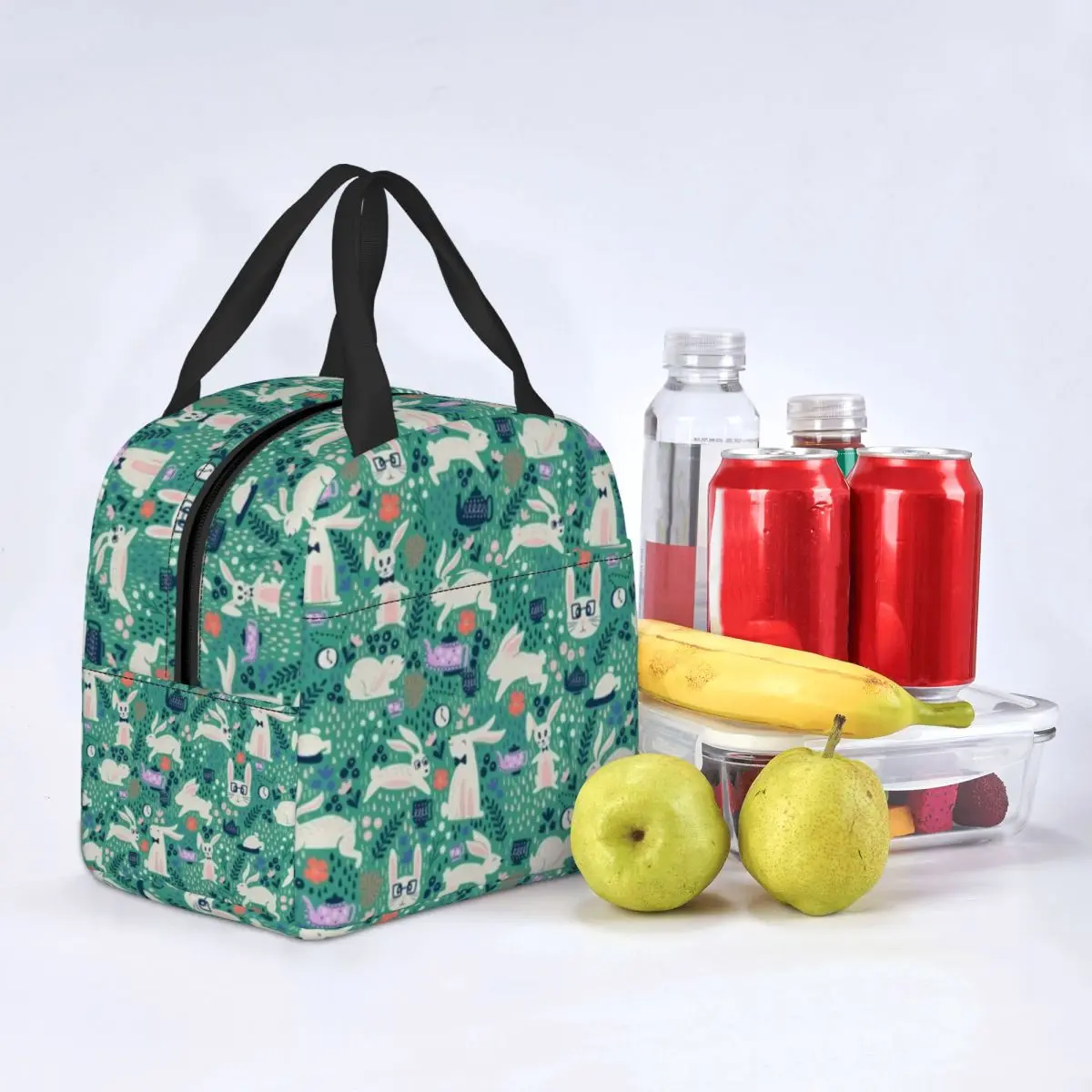 

Easter Rabbit Lunch Bag with Handle Bunnies and Teapots Aqua Cute Cooler Bag Clutch Car Aluminium Thermal Bag