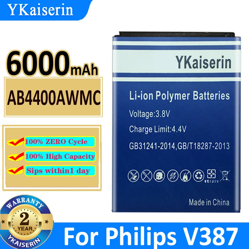 

YKaiserin 6000mAh AB4400AWMC Battery For PHILIPS V387 Cell Phone +Tracking Number