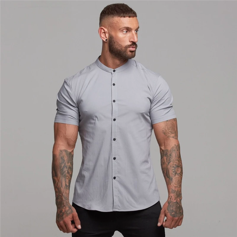 

Mens Shirt Plain Gym Clothing Summer Slim Fit Short Sleeve Dress Shirt Fitness Man Solid Men Plus Size Social Business Shirts