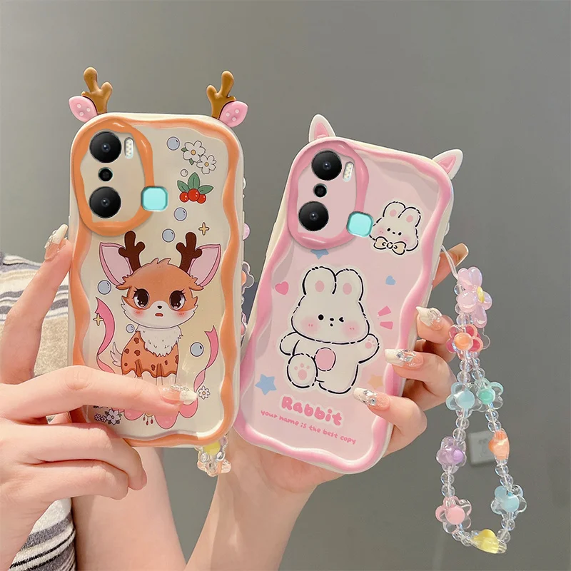 

Cute Ears Creamy Cartoon Animal Wavy Edge With Bracelet Phone Case For Infinix Hot 20 Play 4G Hot 20 Play Case Cover