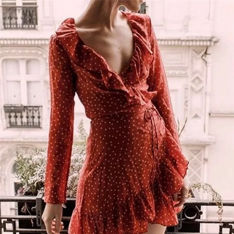 

Women Casual Ruffled Party Dress Summer Dress Female Deep V Neck Long Sleeves Mini Dress Ladies Beach Dress Plus Size
