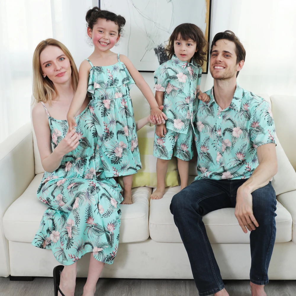 

Flower Print Mother Father Kids Matching Outfits Sleeveless Ruffle Dress Turn-down Collar Shirt Family Look Mommy and Me Clothes